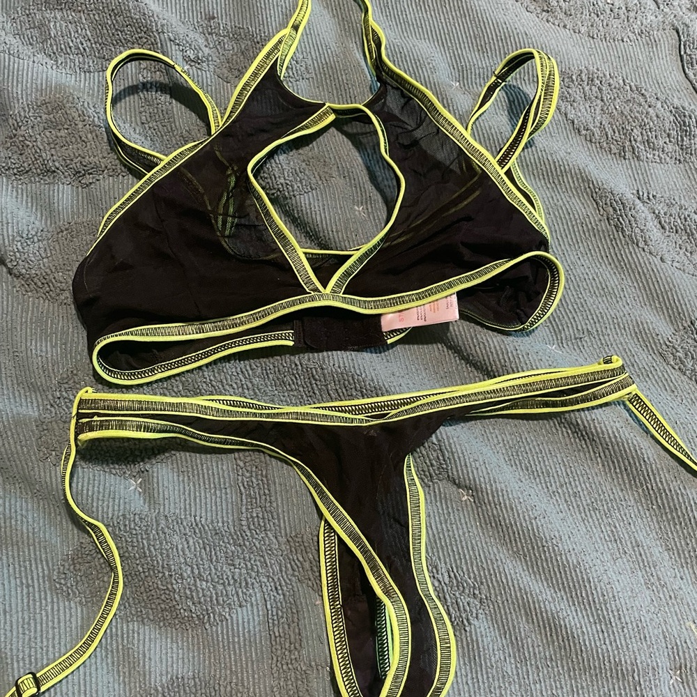 Black and Neon Yellow Strappy Bikini Set
